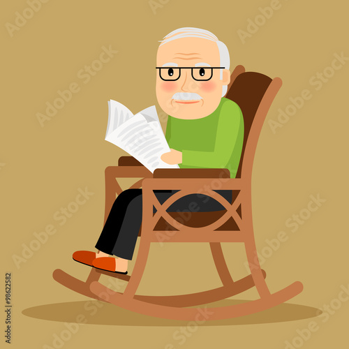 Old man sitting in rocking chair and newspaper