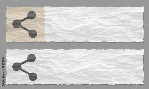 Two banners with crumpled paper and share icon