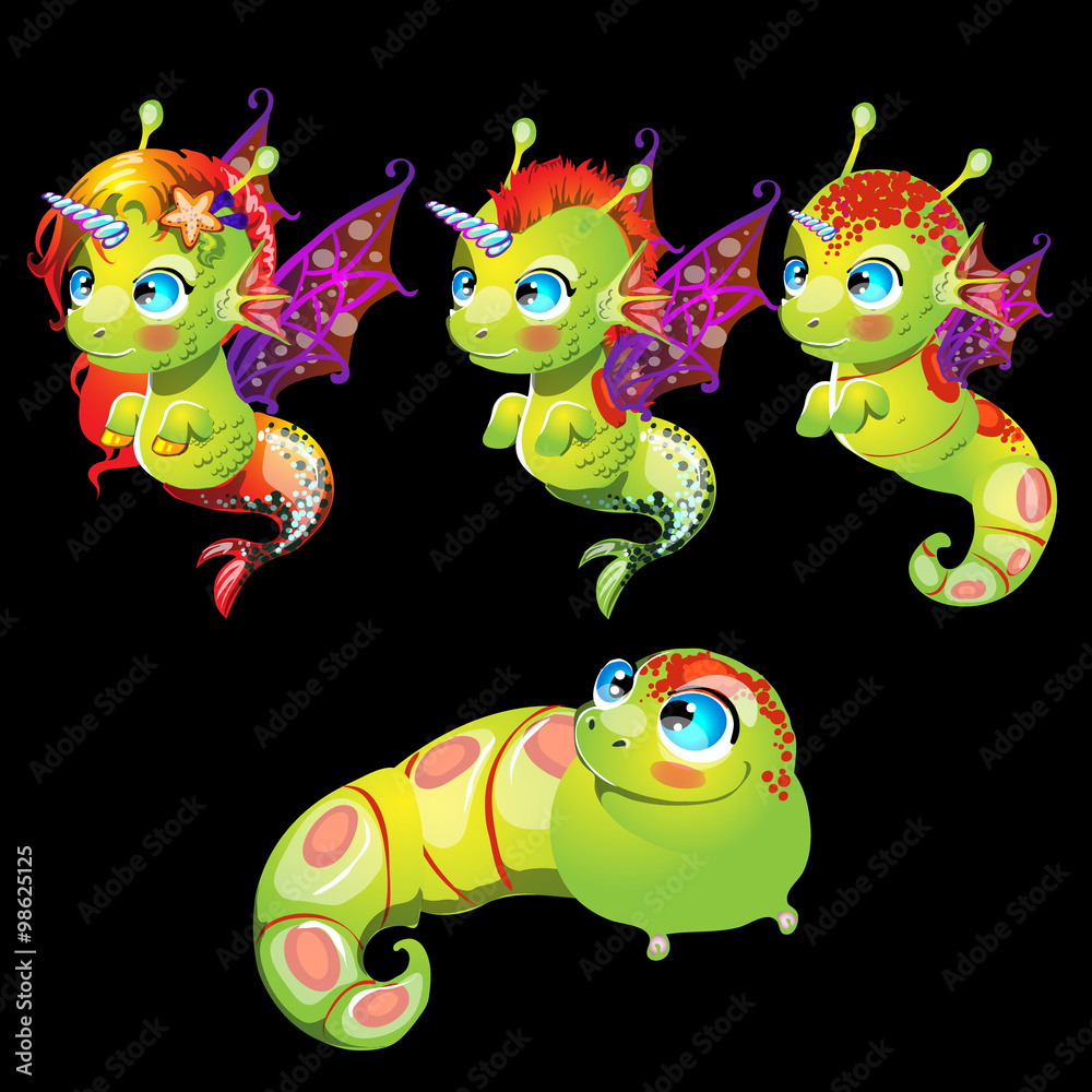 Naklejka premium Characters unusual green fish unicorns with wings