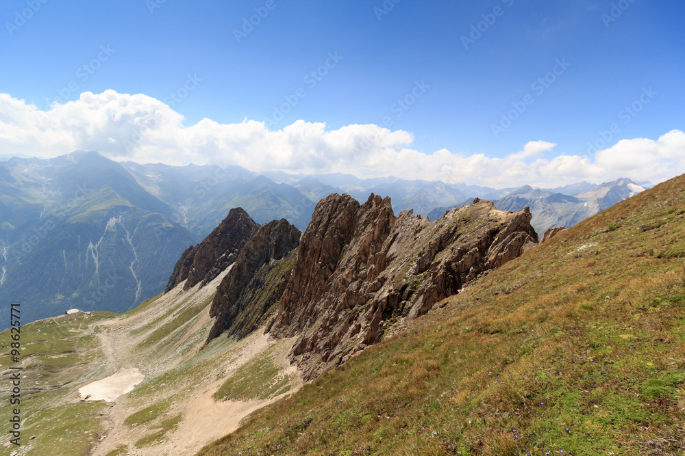 Mountain panorama with Rote Säule and col Sajatscharte in the Hohe Tauern Alps, Austria