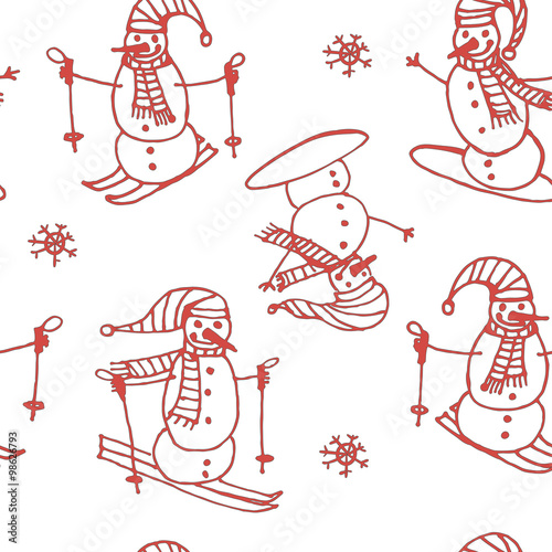 red background seamless pattern of snowmen go skiing and snowboarding contour cartoon vector illustration