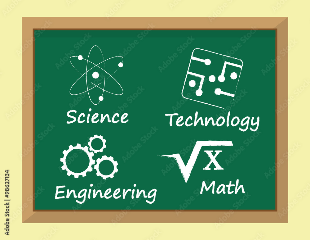 The so called STEM subjects for learning, Science, Technology, Engineering and Mathematics written on a blackboard alongside appropriate symbols The so called STEM subjects for learning, Science, Technology, Engineering and Mathematics written on a blackboard alongside appropriate symbols