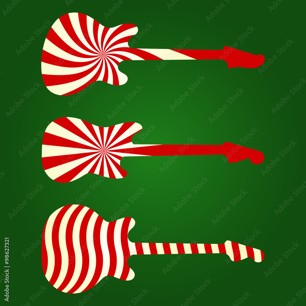 Fototapeta premium Holiday concept guitar silhouettes. Peppermint candy color guitar collection on green background. Vector illustration