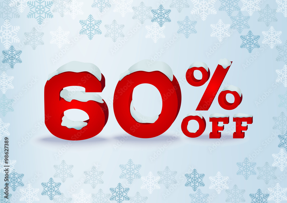 Sixty percent off sale inscription design template in 3d style on blue background with snowflakes. Winter outlet, clearance, total sale concept. Snow cap text effect. EPS 10 vector illustration Sixty percent off sale inscription design template in 3d style on blue background with snowflakes. Winter outlet, clearance, total sale concept. Snow cap text effect. EPS 10 vector illustration
