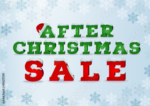 After Christmas sale inscription design template in 3d style on blue background with snowflakes. Winter outlet, clearance, seasonal total sale concept. Snow cap text effect. EPS 10 vector illustration