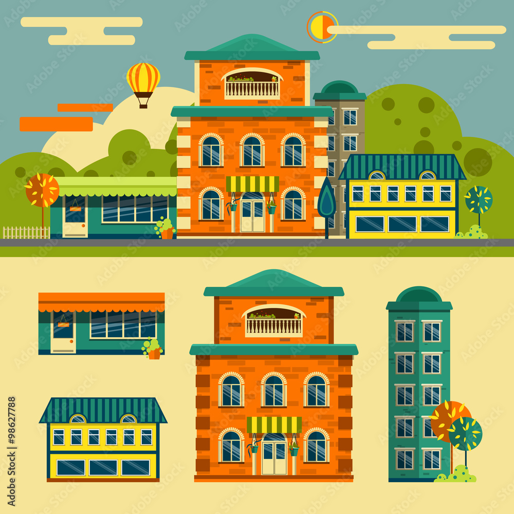 Buildings vector set. Small town street landscape in flat style. Design elements and icons