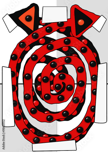 Dos flechas en espiral con puntos y seis letreros como soporte