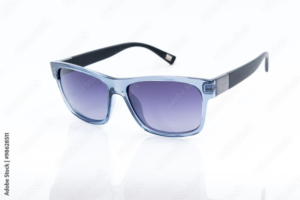 blue sunglasses on a white background