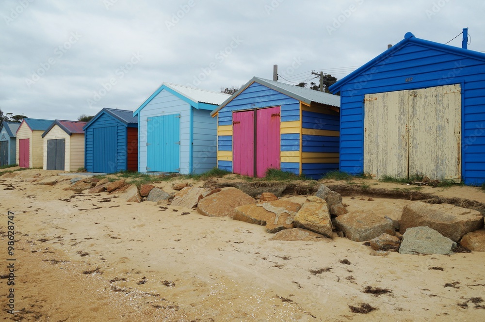 Colorful beach cabins in the Mornington Peninsula near Melbourne in Australia