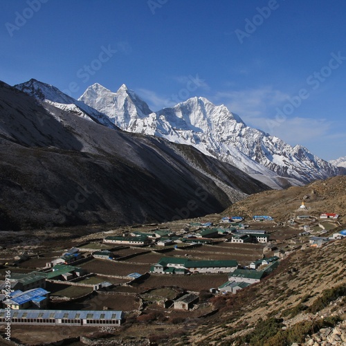 Village Dingboche and high mountains in Nepal