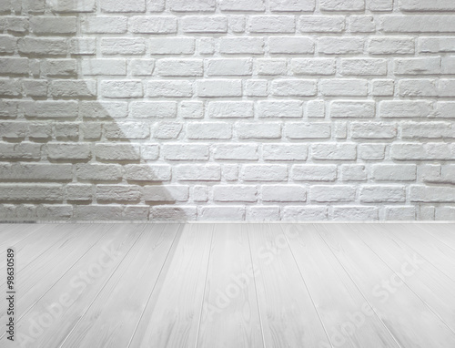  white brick wall and wooden floor with lighting and shadow background