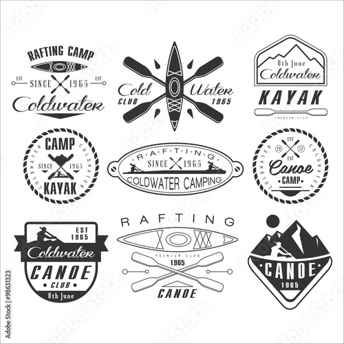 Kayak and canoe emblems, badges, design elements 