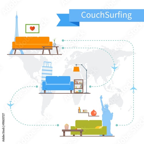 Couch Surfing and sharing economy concept. Vector illustration in flat style design. Travel infographic