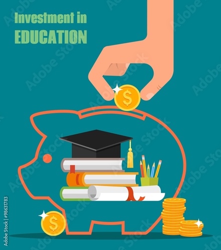 Invest in education vector concept. Stack of books, diploma and university student cap. Money savings or loan for study
