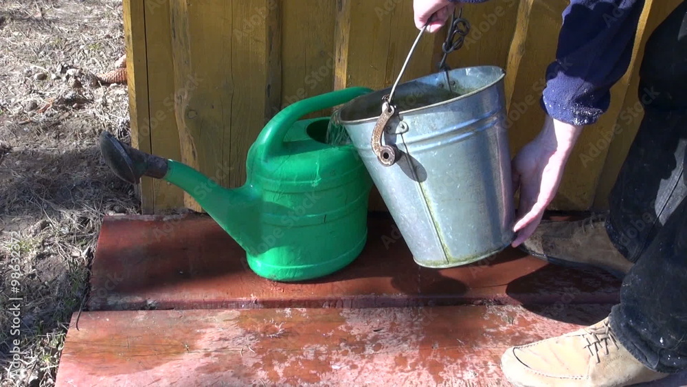 Gardener pouring water from watering well into green plastic watering can Gardener pouring water from watering well into green plastic watering can