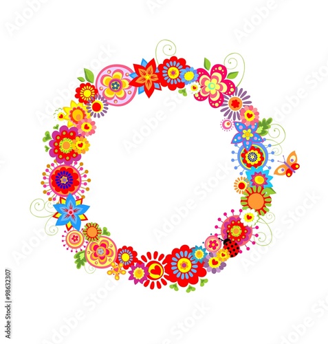 Spring wreath with funny flowers