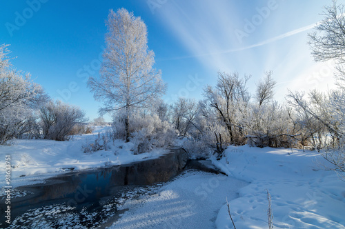 зимняя панорама заснеженного леса с замерсшим ручьем, Россия, Урал 