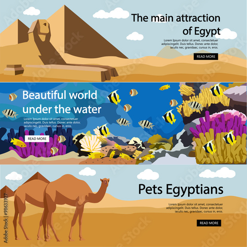 Travel to Egypt banner vector set. Tourist attractions and landmarks. Tourism concept with pyramids, diving in Red sea, camels