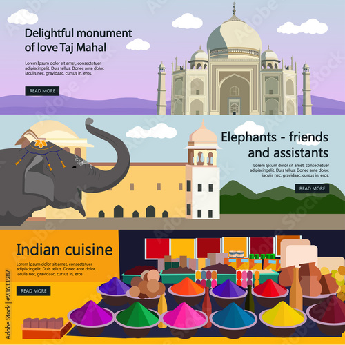 Travel to India banner vector set. Indian culture, tourist attractions, landmarks. Taj Mahal palace and spices market
