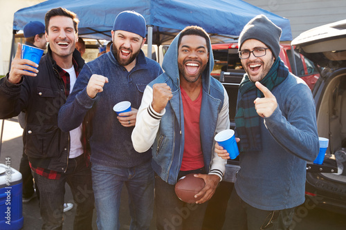 Sticker Group Of Male Sports Fans Tailgating In Stadium Car Park