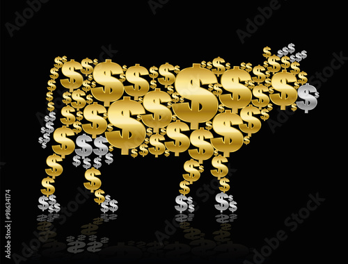 Dollars that shape a CASH COW or a GOLDEN CALF. Isolated vector illustration on black background.