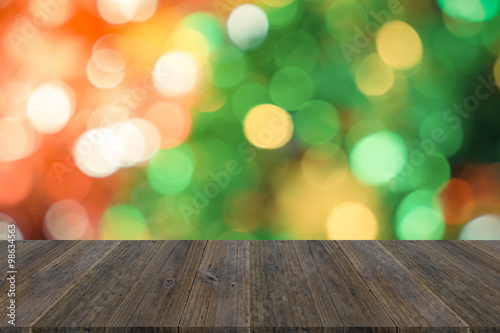 Wood terrace and Abstract bokeh background of Christmas tree , p