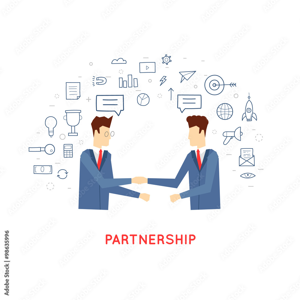Doodle partnership, Co-operation, the two men shake hands, contracts, agreements, business. Flat design. Doodle partnership, Co-operation, the two men shake hands, contracts, agreements, business. Flat design.