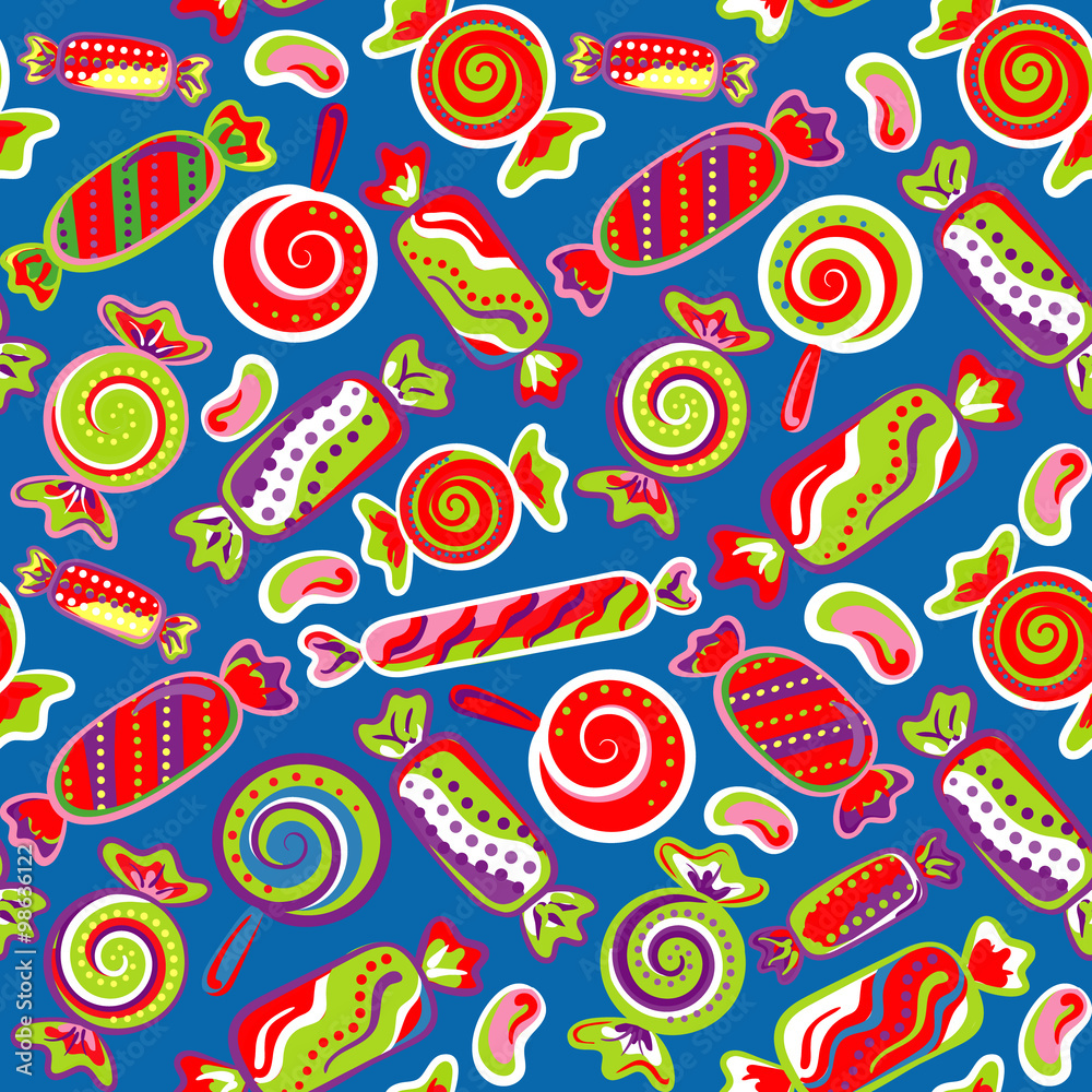 Naklejka premium Seamless pattern vector background with lollipops and candies. Vector seamless background with colorful candies.