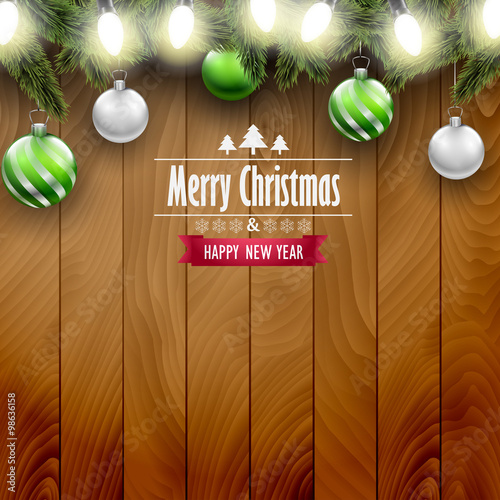 Christmas card with woo pattern pine tree branches and Christmas 