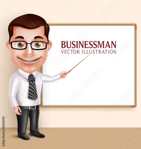 3D Realistic Professional Teacher Man or Professor Vector Character Teaching in  Blank White Board for Presentation or Space for Text. Vector Illustration
