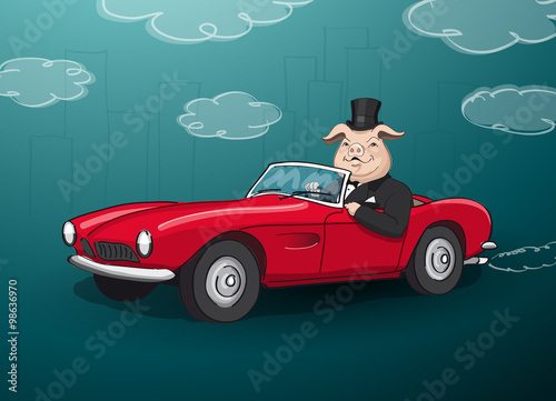 big fat rich hog driving a red cabrio