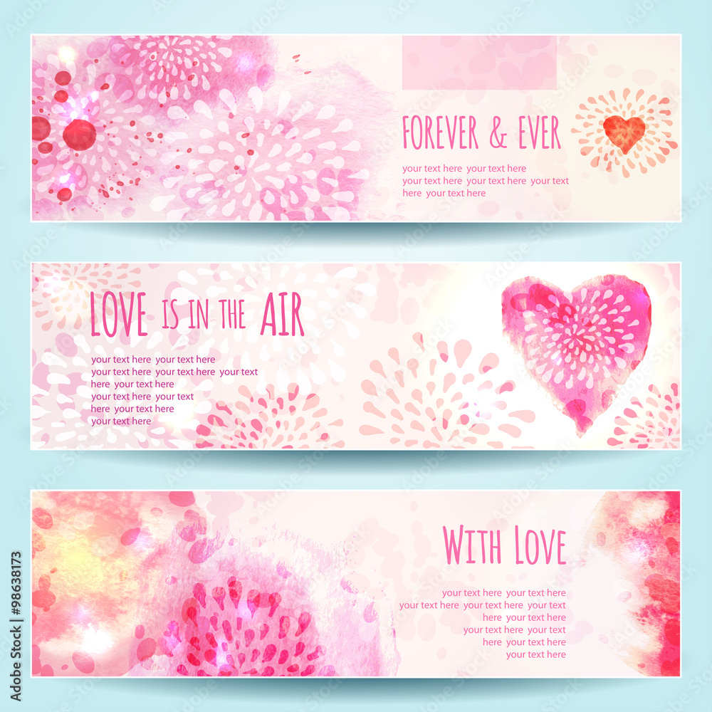 Watercolor Banners with Hearts. Vector illustration, eps10