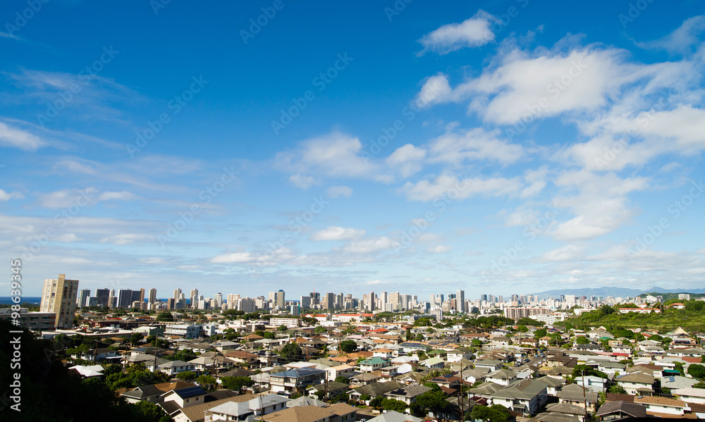 White Clouds Blue Skies Residential Homes Downtown City Skyline White Clouds Blue Skies Residential Homes Downtown City Skyline