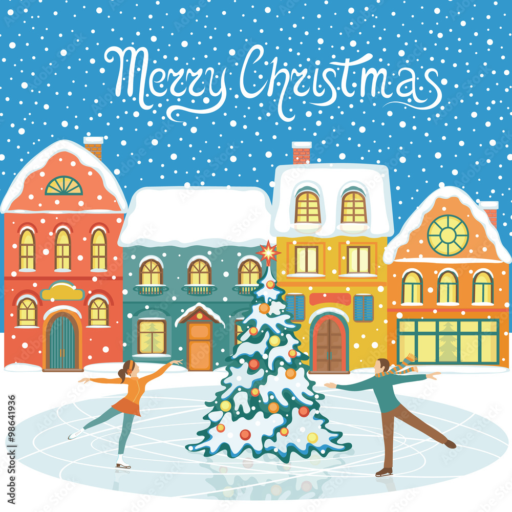 Christmas greeting card. Winter Snowy houses and people figure skating. Colorful vector illustration. 
