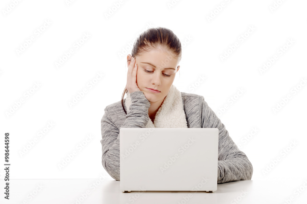 portrait of beautiful girl using laptop on white background portrait of beautiful girl using laptop on white background
