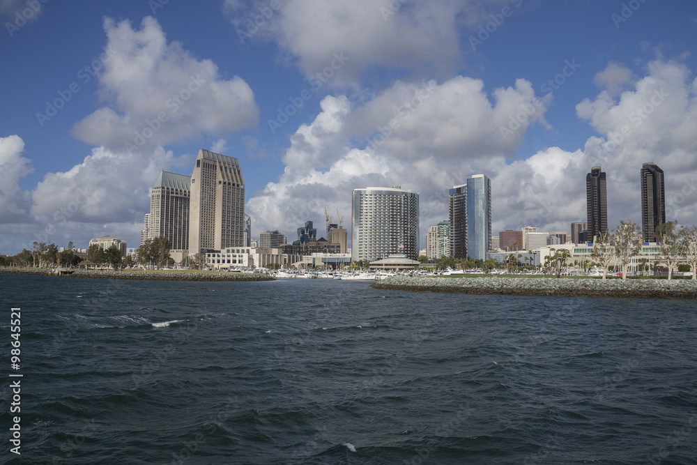 San Diego CIty Skyline of downtown hotels, parks and buildings.