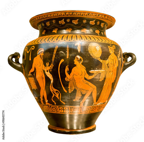 Ancient greek vase with red figures on a black background photo
