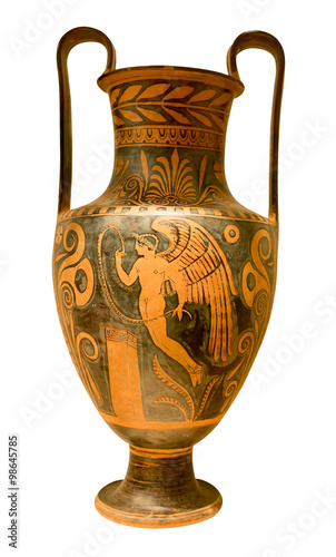 Ancient greek vase with red figures on a black background
