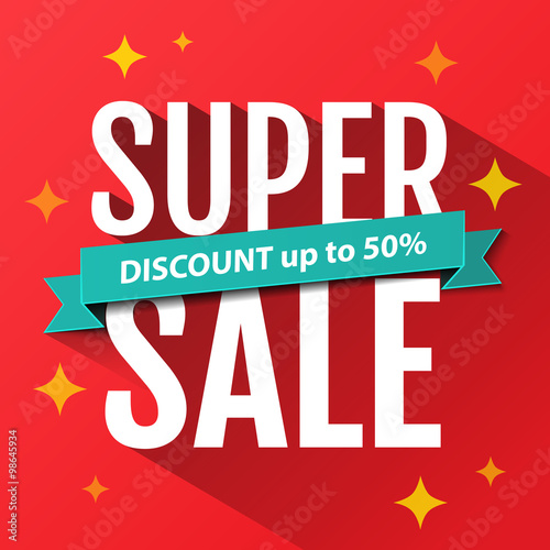 Super Sale inscription, design template. Super Sale banner. Sale poster. Super Sale discount up to 50%. Vector illustration