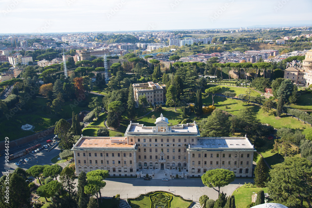 Aerial view of the Vatican City and Rome, Italy. Palace of the Governorate, Gardens, Vatican Radio, Convent. Panorama of the old historical center. View from the roof of Saint Peter Basilica.
