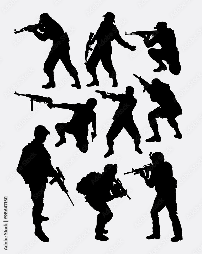 Fototapeta premium army soldier pose with gun weapon silhouette. Good use for symbol, web icon, game character, element, sign, mascot, or any design you want. Easy to use.