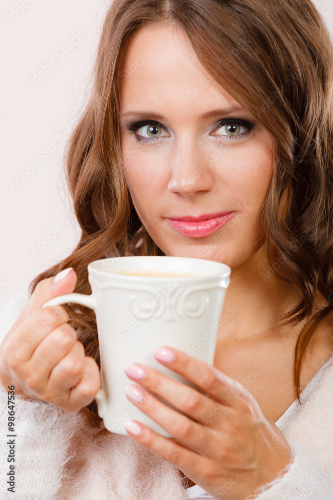 woman holding white mug with coffee warm beverage woman holding white mug with coffee warm beverage