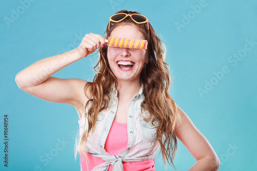 Summer woman eating popsicle ice pop cream