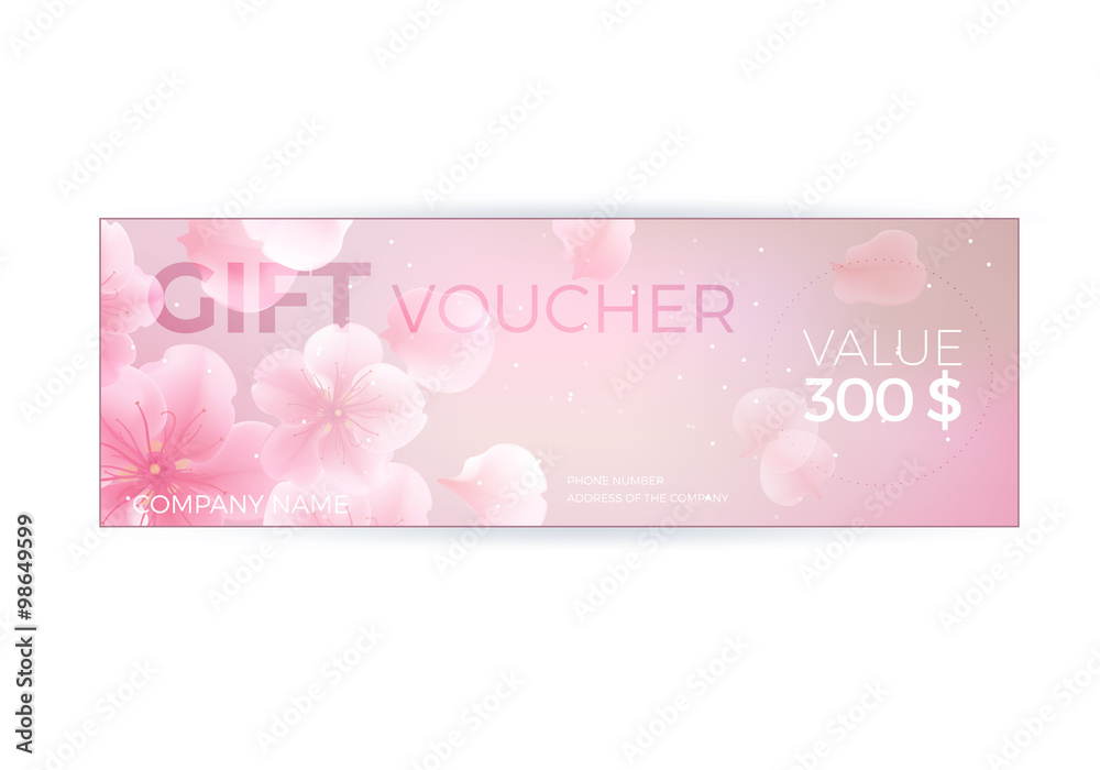 Vector gift voucher template with lotus, lily flowers. Business floral card template. Abstract background.