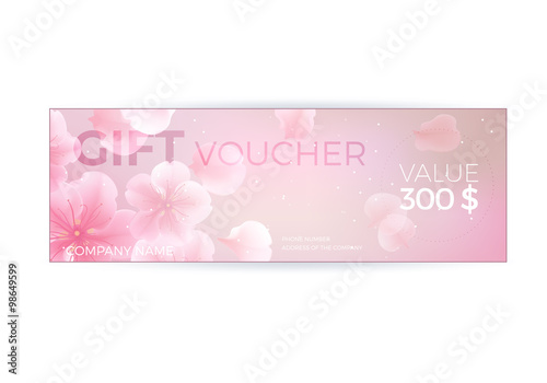 Vector gift voucher template with lotus, lily flowers. Business floral card template. Abstract background.