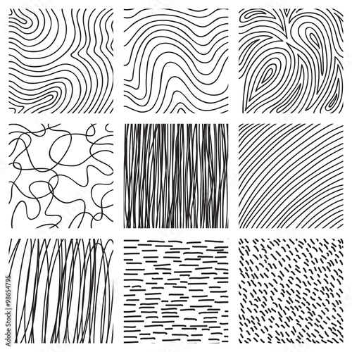 Set of ink hand drawn hatch texture. Collection of vector ink lines, points, hatching, strokes. Abstract black and white backgrounds.