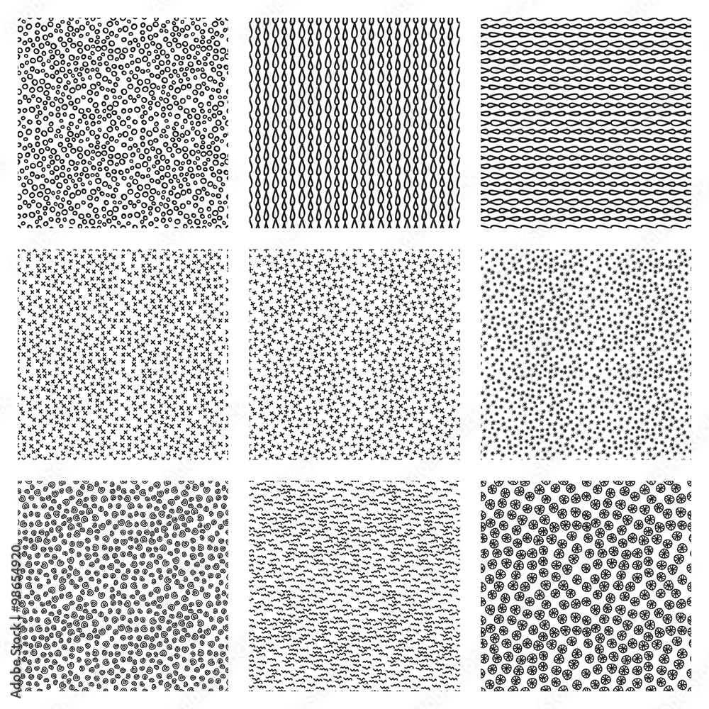 Set of nine black and white seamless hand drawn texture pattern