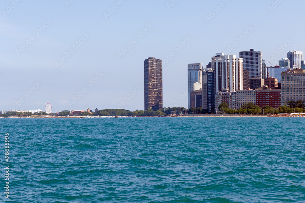 Color DSLR image of Chicago city skyline, as seen from beach along North Michigan; horizontal with copy space for text Color DSLR image of Chicago city skyline, as seen from beach along North Michigan; horizontal with copy space for text