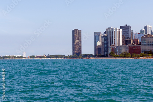 Color DSLR image of Chicago city skyline, as seen from beach along North Michigan; horizontal with copy space for text