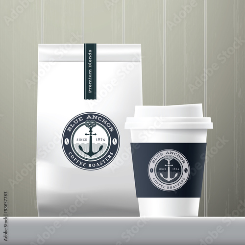 Blue anchor coffee cup and food paper bag breakfast set